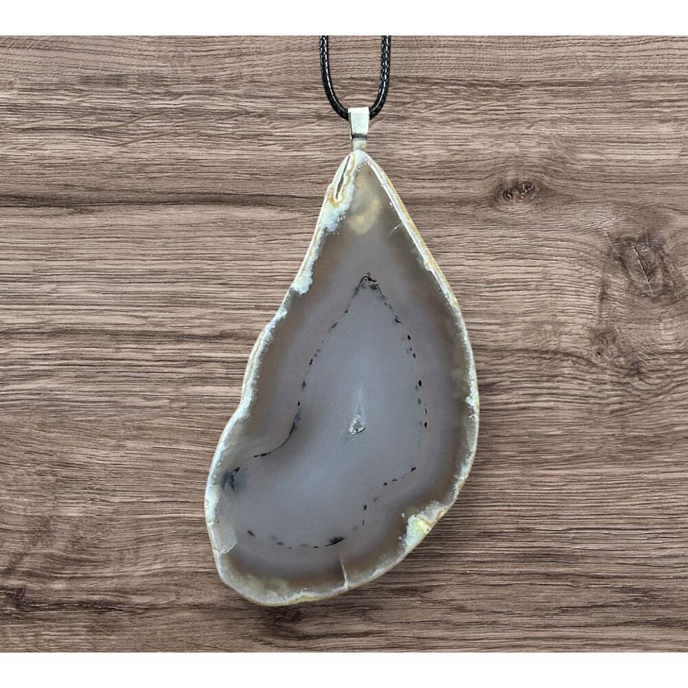 Gray Natural Agate Pendant with Faux Leather Cord Necklace